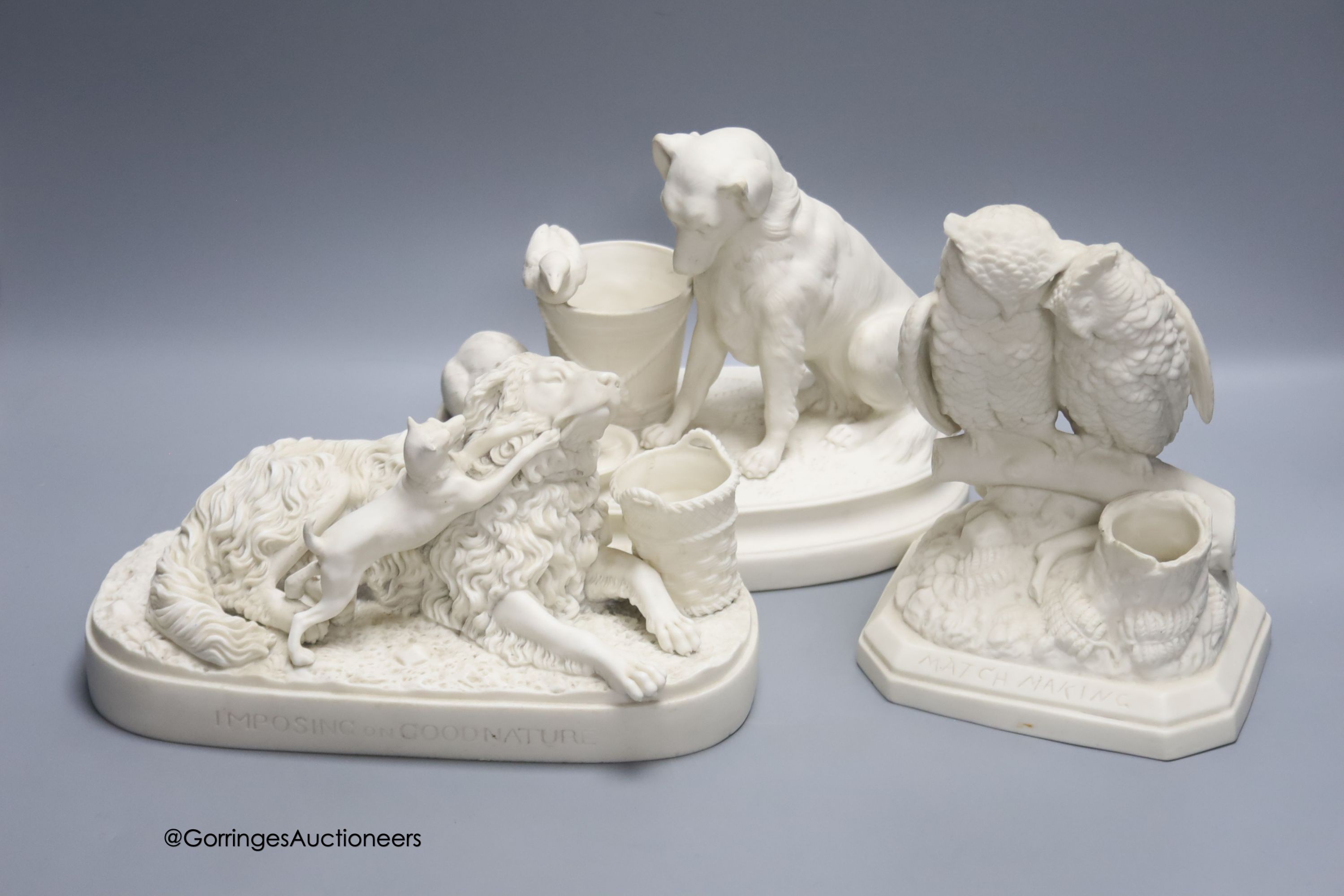 Three Parian Ware animal groups/spill holders, comprising, 'Imposing on Good Nature', 'Match Making' and another by R. J. Morris